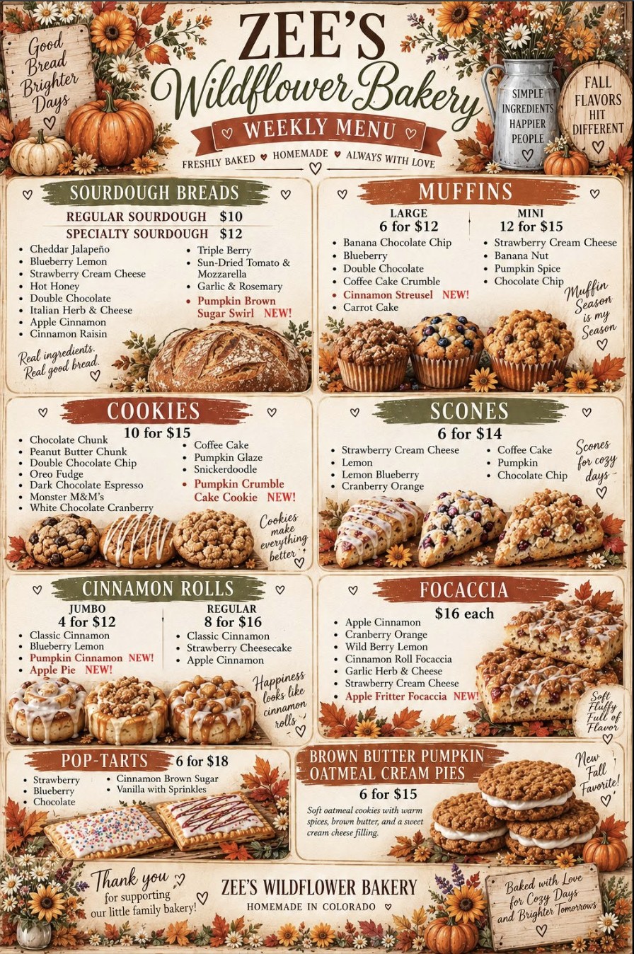 Zee's Wildflower Bakery fall menu: sourdough breads, muffins, cookies, scones, cinnamon rolls, focaccia, pop-tarts and brown butter pumpkin oatmeal cream pies, with prices